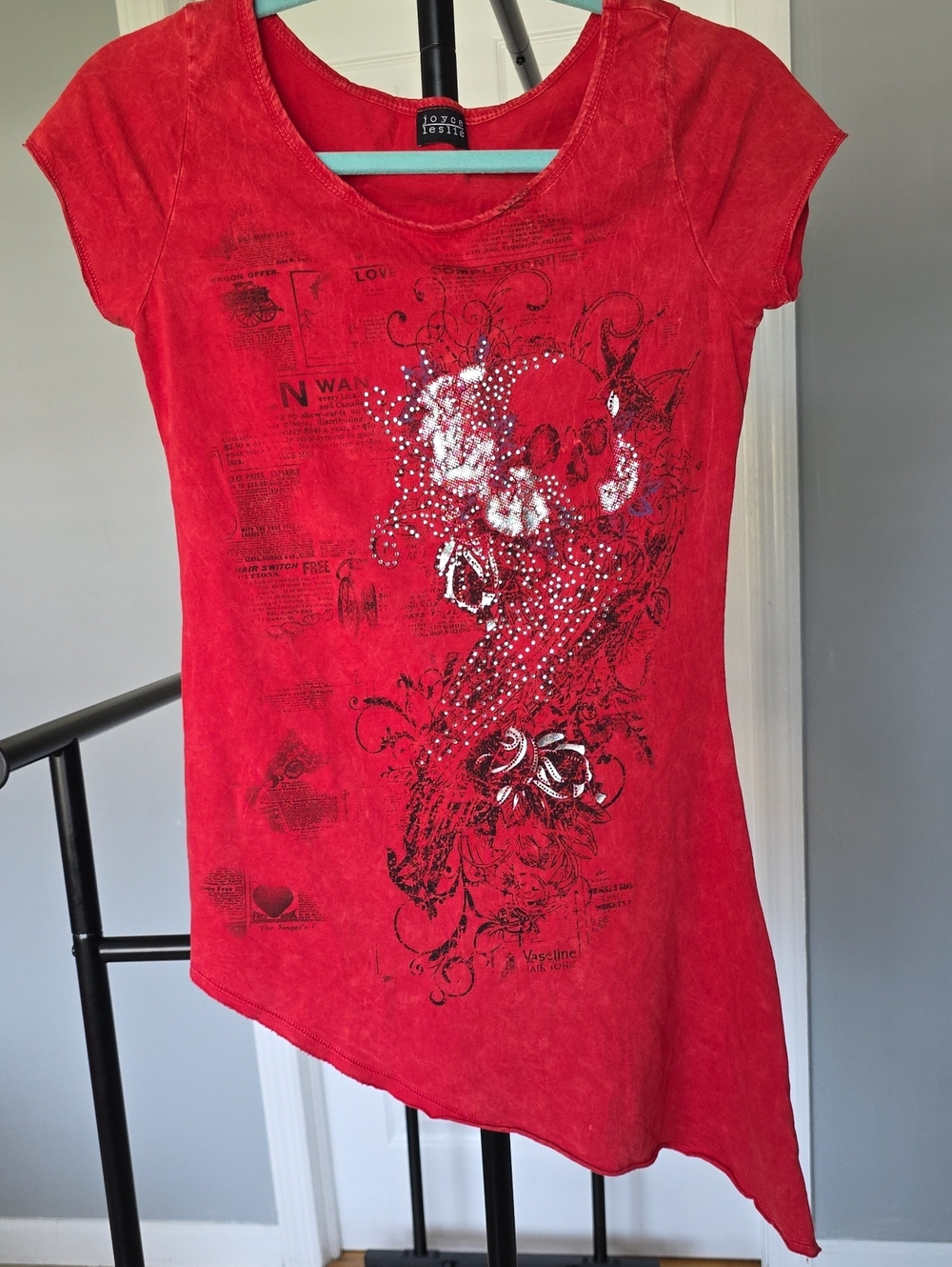 Joyce Leslie Y2K Red Acid Wash Rhinestone Skull Asymmetrical Top